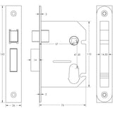 Technical drawing of of Frelan - Jedo Oval Profile Sashlocks 76mm Polished Brass Sku. JL1053PB