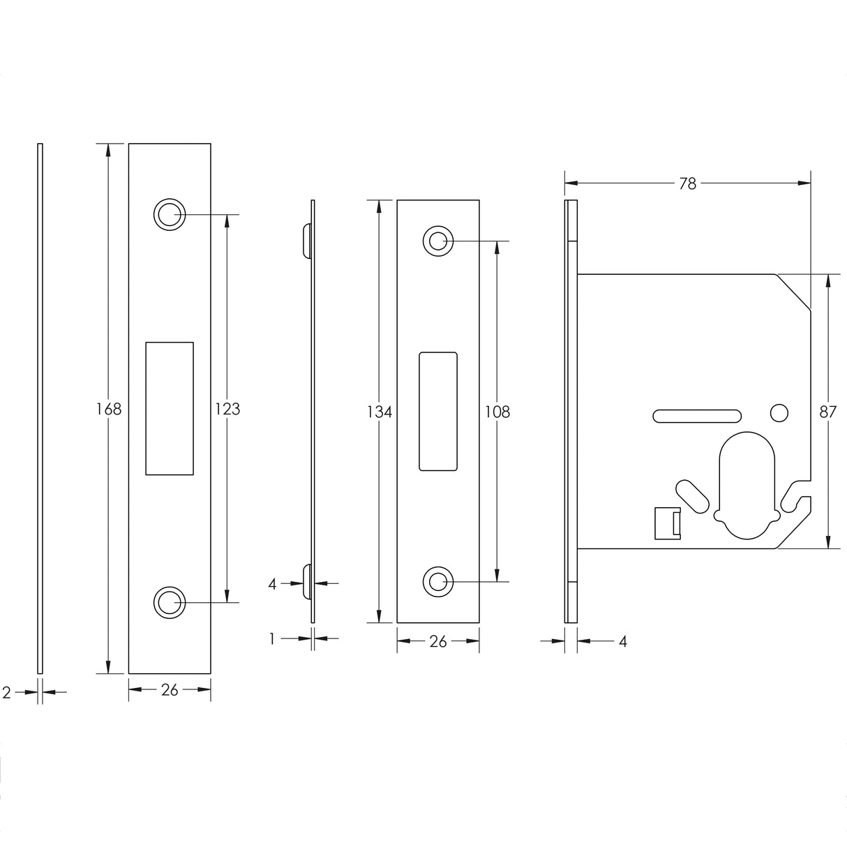 Technical drawing of of Frelan - Jedo Oval Profile Deadlocks 76mm Satin Chrome Sku. JL1063SC