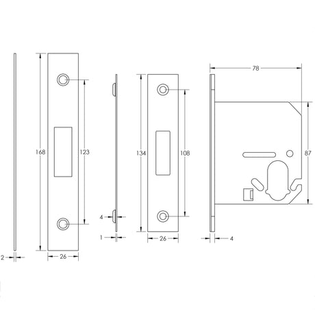 Technical drawing of of Frelan - Jedo Oval Profile Deadlocks 76mm Satin Chrome Sku. JL1063SC