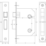Technical drawing of of Frelan - Jedo Bathroom Locks 76mm Satin Chrome Sku. JL1072SC