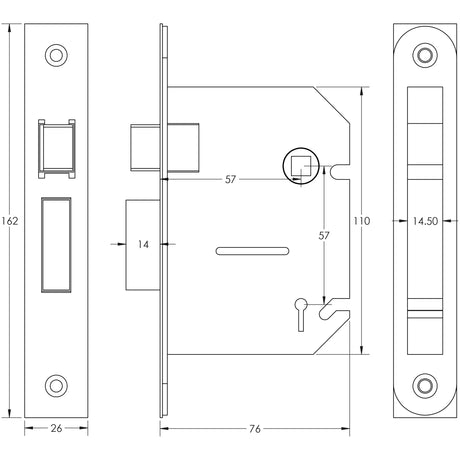 Technical drawing of of Frelan - Jedo 3 Lever Sashlocks 76mm Polished Chrome Sku. JL1091PC