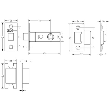 Technical drawing of of Frelan - Jedo Kontrax Tubular Latches 64mm Nickel Plate Sku. JL120NP