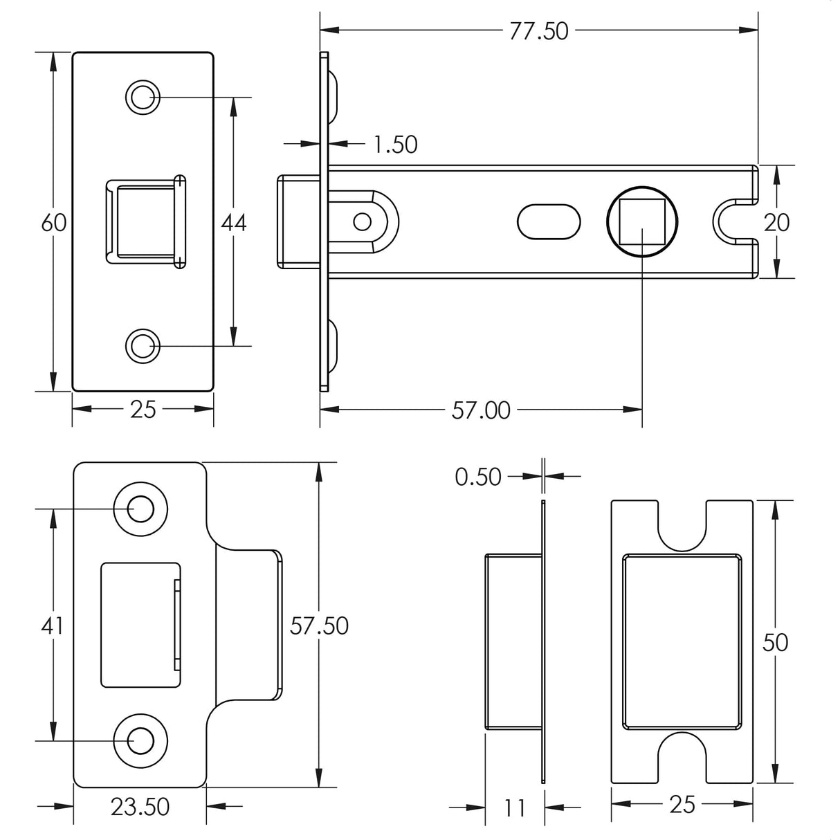 Technical drawing of of Frelan - 76mm Tubular Latch Black Sku. JL159MB