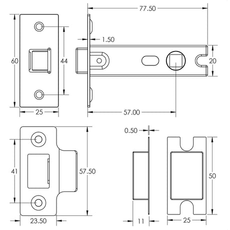 Technical drawing of of Frelan - 76mm Tubular Latch Black Sku. JL159MB