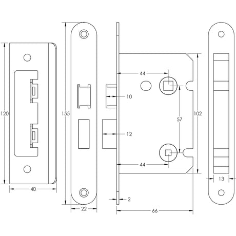 Technical drawing of of Frelan - Jedo Kontrax Bathroom locks with Radiused Forend & Strike Plate Satin Nickel Satin Nickel Sku. JL450RSN