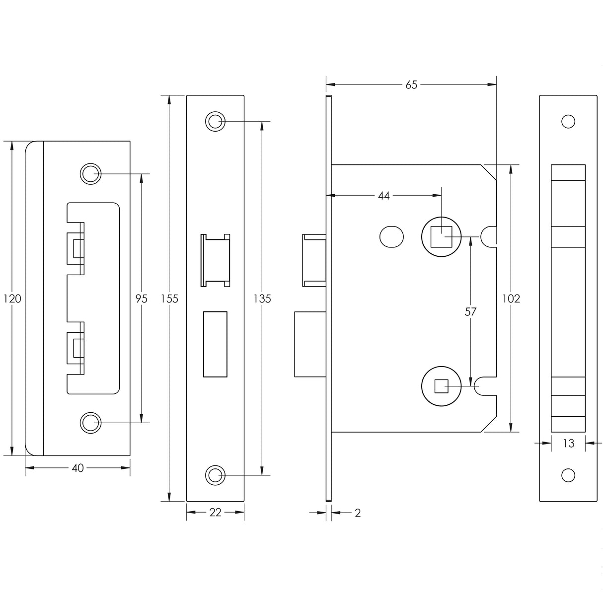 Technical drawing of of Frelan - Jedo Kontrax Bathroom locks with Square Forend & Radiused Strike Plate 65mm Satin Nickel Sku. JL450SN