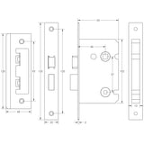 Technical drawing of of Frelan - Jedo Kontrax Bathroom locks with Square Forend & Radiused Strike Plate 65mm Satin Nickel Sku. JL450SN