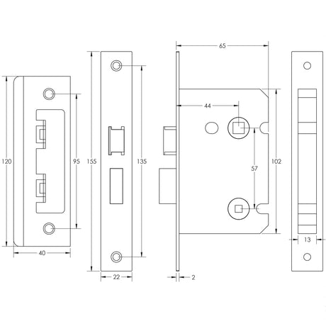 Technical drawing of of Frelan - Jedo Kontrax Bathroom locks with Square Forend & Radiused Strike Plate 65mm Antique Brass Sku. JL450AB