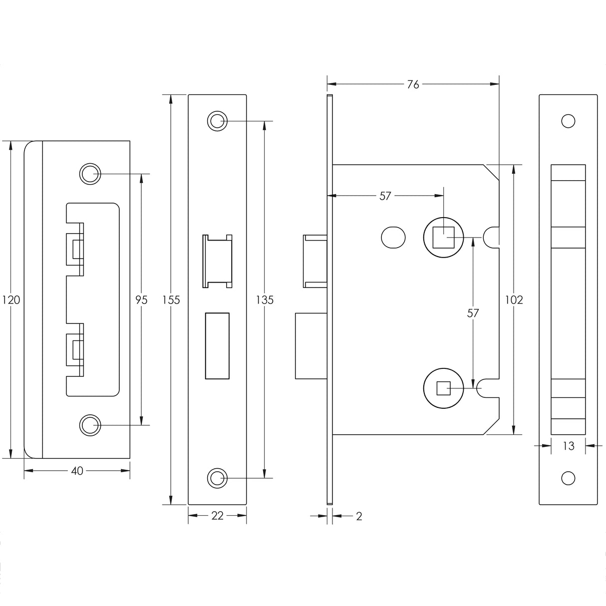 Technical drawing of of Frelan - Jedo Kontrax Bathroom locks with Square Forend & Radiused Strike Plate 76mm Electro Brassed Sku. JL460EB