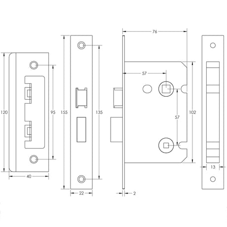 Technical drawing of of Frelan - Jedo Kontrax Bathroom locks with Square Forend & Radiused Strike Plate 76mm Nickel Plate Sku. JL460NP