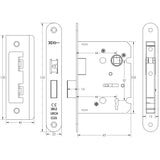 Technical drawing of of Frelan - Jedo Kontrax 2 Lever Sashlocks with Radiused Forend & Strike Plate 65mm Satin Nickel Sku. JL470RSN