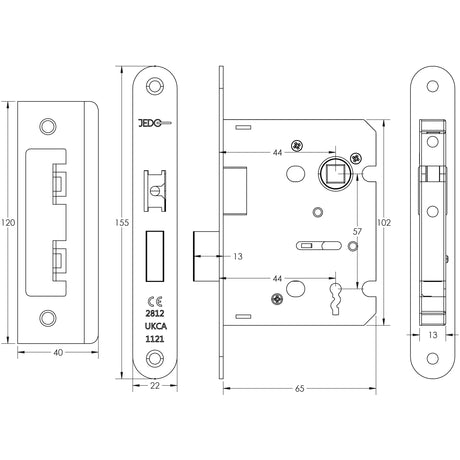 Technical drawing of of Frelan - Jedo Kontrax 2 Lever Sashlocks with Radiused Forend & Strike Plate 65mm Satin Nickel Sku. JL470RSN
