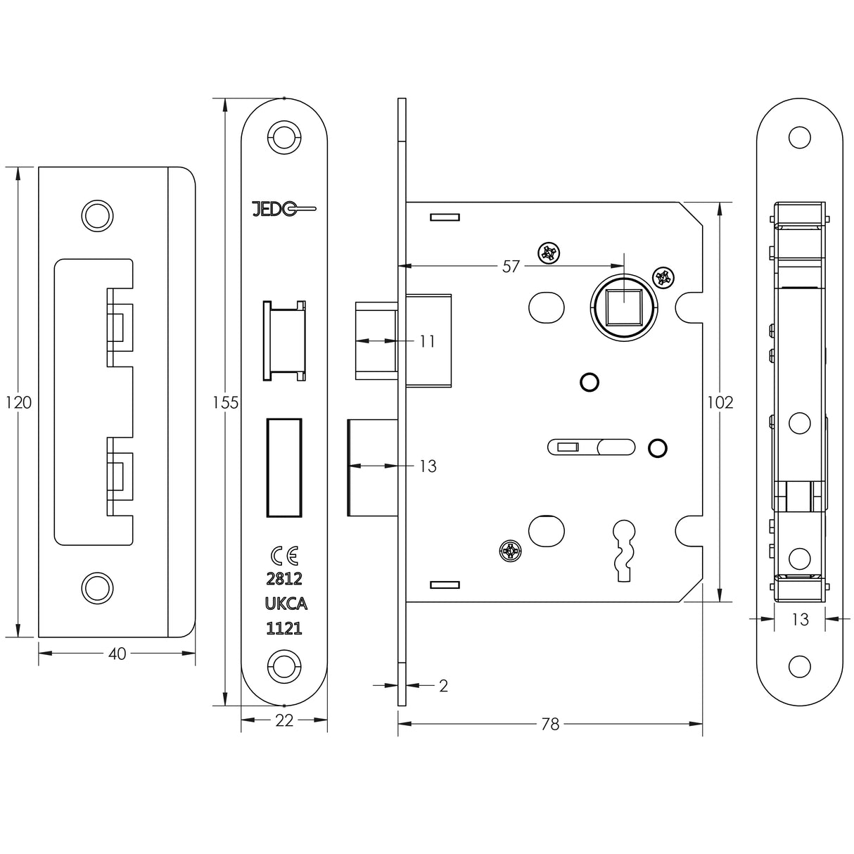 Technical drawing of of Frelan - Jedo Kontrax 2 Lever Sashlocks with Radiused Forend & Strike Plate 76mm Nickel Plate Sku. JL480RNP