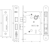 Technical drawing of of Frelan - Jedo Kontrax 2 Lever Sashlocks with Radiused Forend & Strike Plate 76mm Nickel Plate Sku. JL480RNP