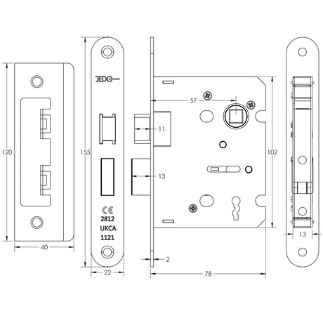Technical drawing of of Frelan - Jedo Kontrax 2 Lever Sashlocks with Radiused Forend & Strike Plate 76mm Nickel Plate Sku. JL480RNP