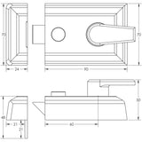 Technical drawing of of Frelan - Jedo Standard Stile Night Latches 90mm Satin Chrome Sku. JL5021SC