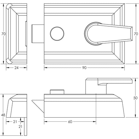 Technical drawing of of Frelan - Jedo Standard Stile Night Latches 90mm Satin Chrome Sku. JL5021SC