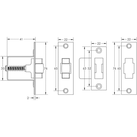Technical drawing of of Frelan - Jedo Rollerbolt Catch 41mm Satin Brass Sku. JL8090SB
