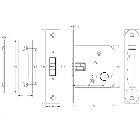 Technical drawing of of Frelan - Jedo Sliding Door Bathroom Lock Antique Brass Sku. JL840AB