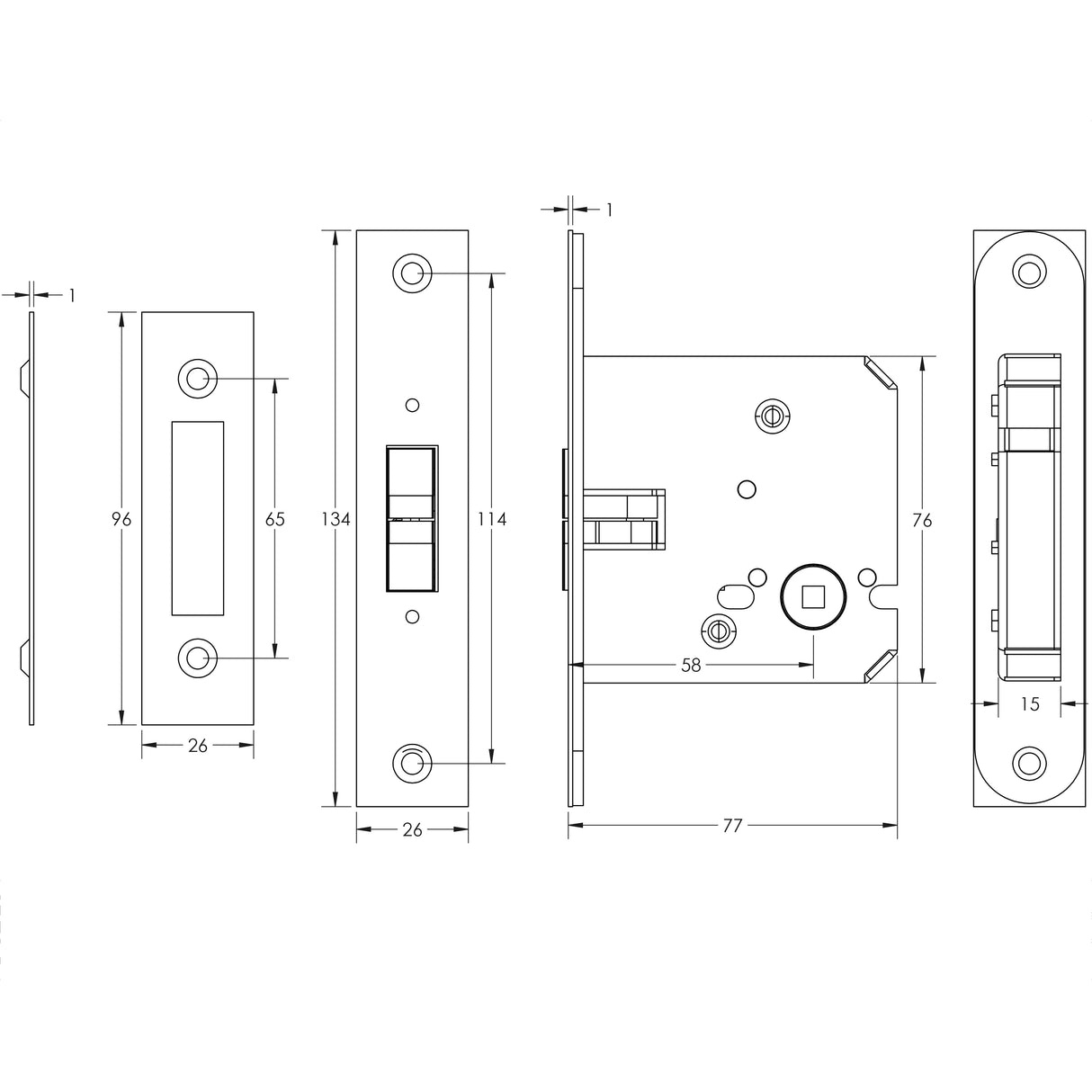 Technical drawing of of Frelan - Jedo Sliding Door Bathroom Lock Polished Brass Sku. JL840PB