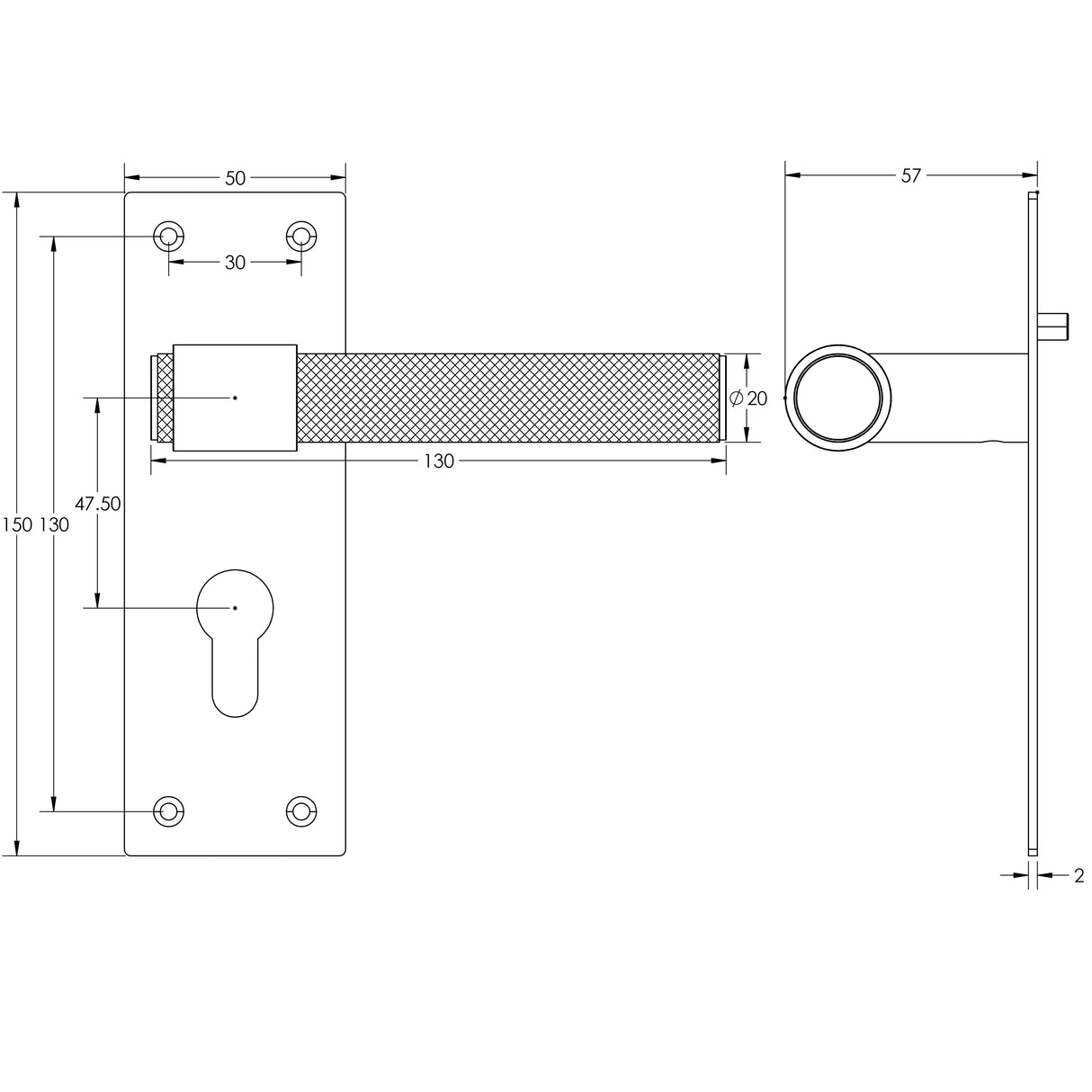 Technical drawing of of Frelan - Nero T-Bar Door Handles on Euro Profile Lockplate Black Sku. JMB103