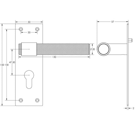 Technical drawing of of Frelan - Nero T-Bar Door Handles on Euro Profile Lockplate Black Sku. JMB103