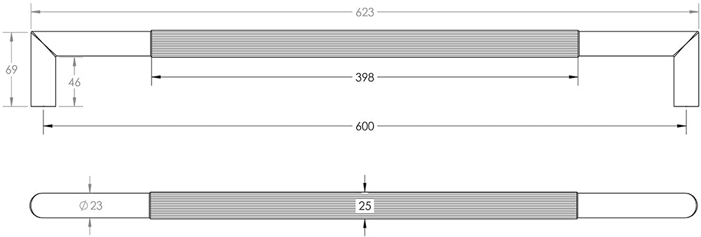 Technical drawing of of Frelan - Three One Six Linear Pull Handles 600x25mm Bolt Through Black Sku. JMB14