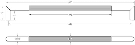 Technical drawing of of Frelan - Three One Six Linear Pull Handles 600x25mm Bolt Through Black Sku. JMB14