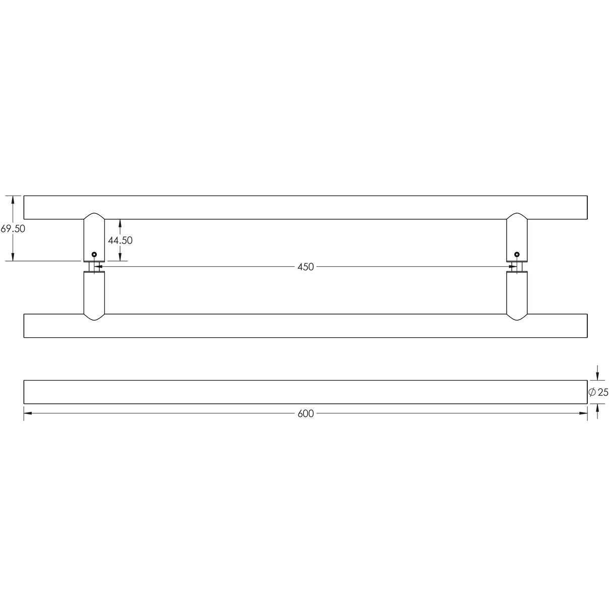 Technical drawing of of Frelan - Nero Guardsman Pull Handles 600x25mm Back to Back Matt Black Sku. JMB223B