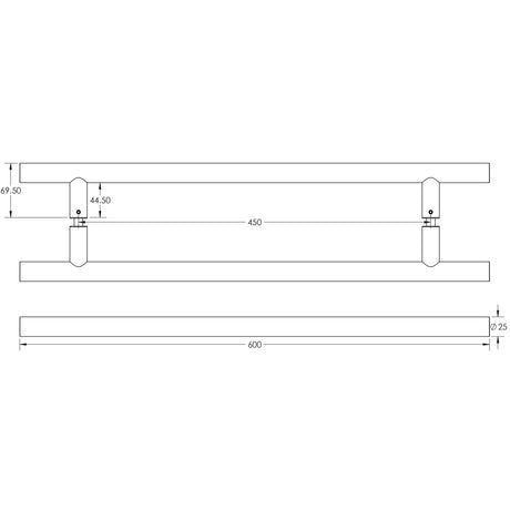 Technical drawing of of Frelan - Nero Guardsman Pull Handles 600x25mm Back to Back Matt Black Sku. JMB223B