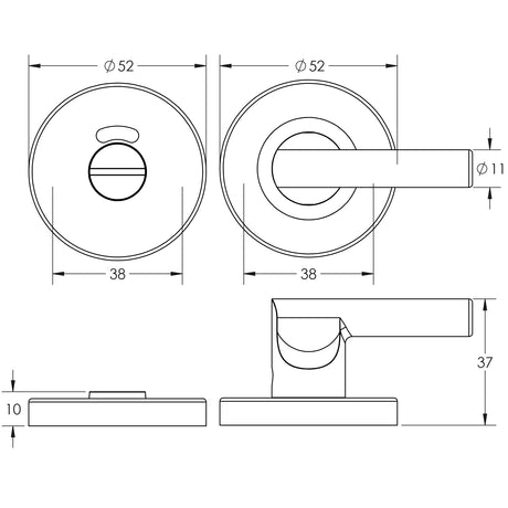 Technical drawing of of Frelan - Nero Matt Black Easy Turn & Release 52mm Black Sku. JMB355