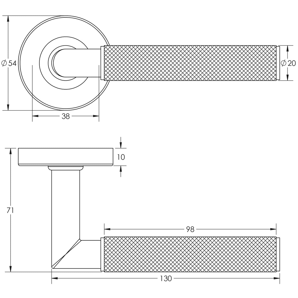 Technical drawing of of Frelan - Three One Six Diamond Knurled Door Handle Black Sku. JMB401