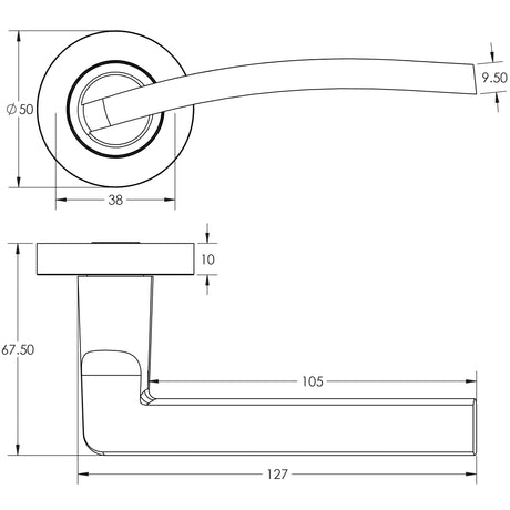 Technical drawing of of Frelan - Nero Noir Lever Black Door Handle Sku. JMB700