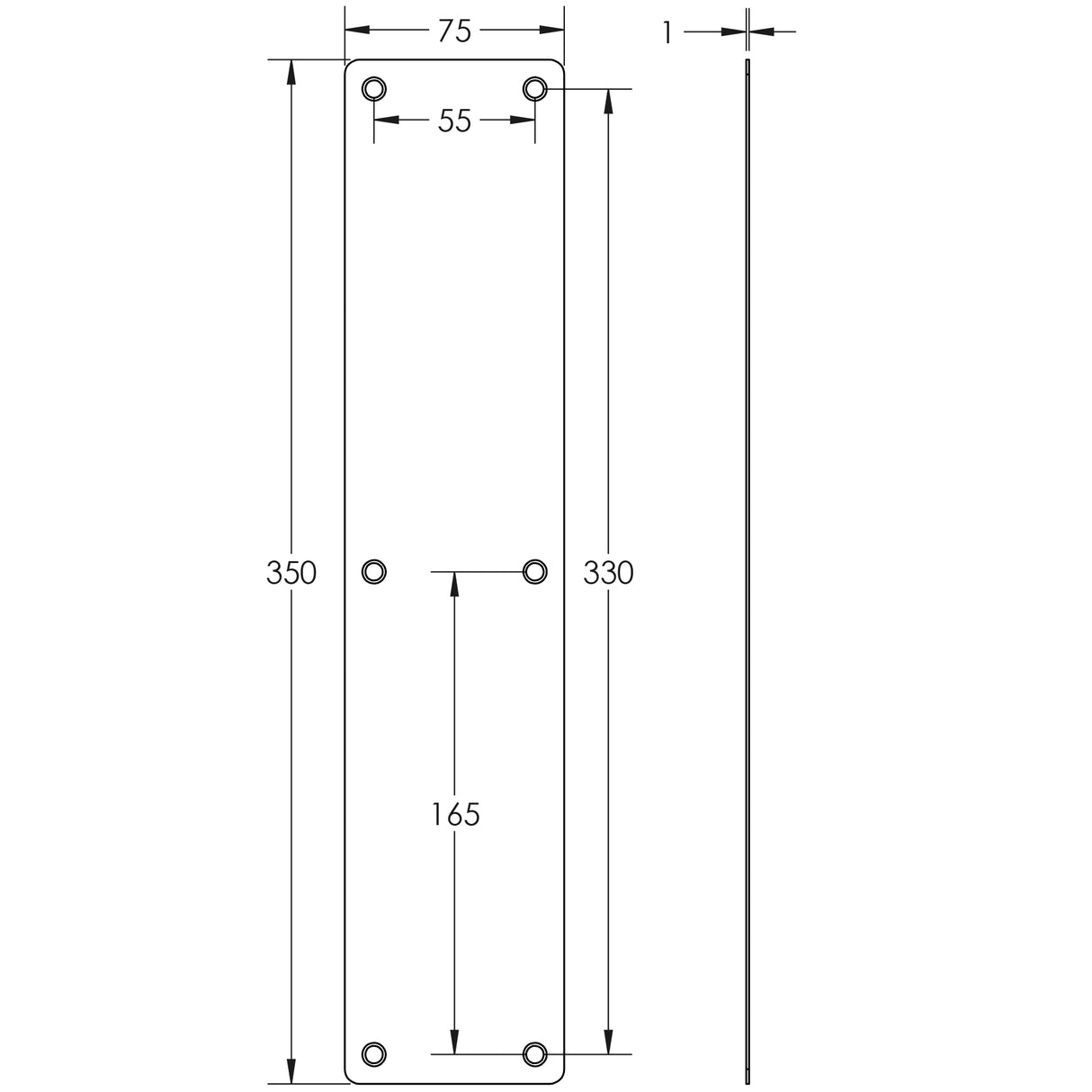 Technical drawing of of Frelan - Nero Fingerplates 350x75mm Black Sku. JMB81