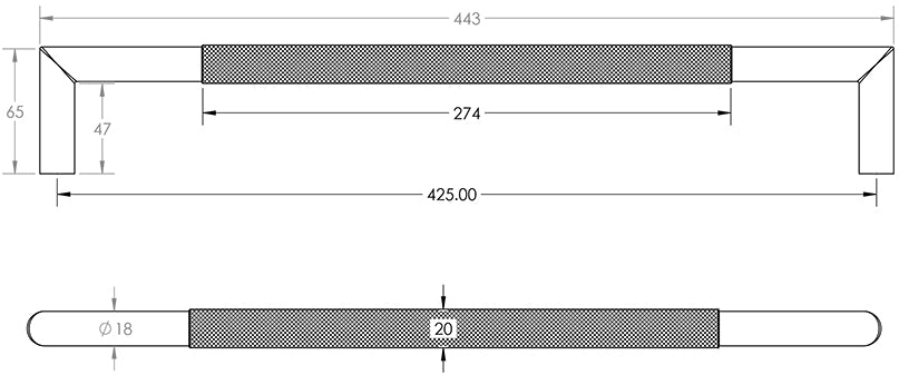 Technical drawing of of Frelan - Nero Mitred Knurled Pull handles B/T Fixing 425x19mm Black Sku. JMB8