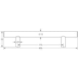 Technical drawing of of Frelan - Stainless Steel T Bar Cabinet Handles 835x12mm Satin Stainless Steel Sku. JSS114D