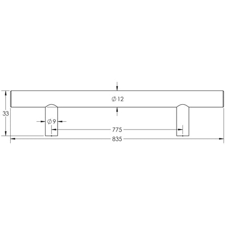 Technical drawing of of Frelan - Stainless Steel T Bar Cabinet Handles 835x12mm Satin Stainless Steel Sku. JSS114D