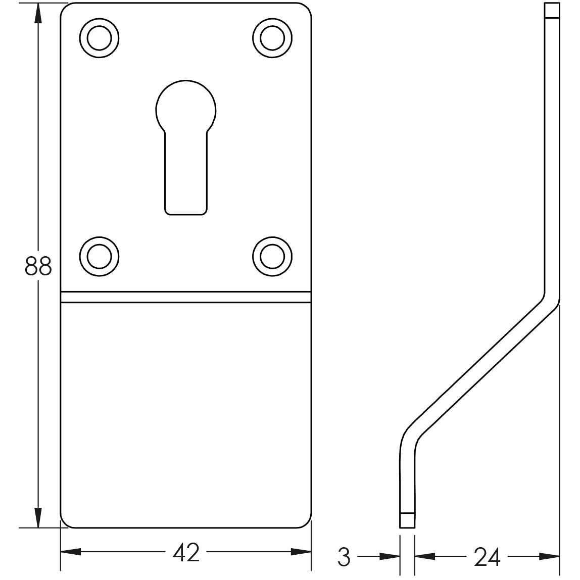 Technical drawing of of Frelan - Cylinder Pull for Standard Keyway Satin Stainless Steel Sku. JSS40STD