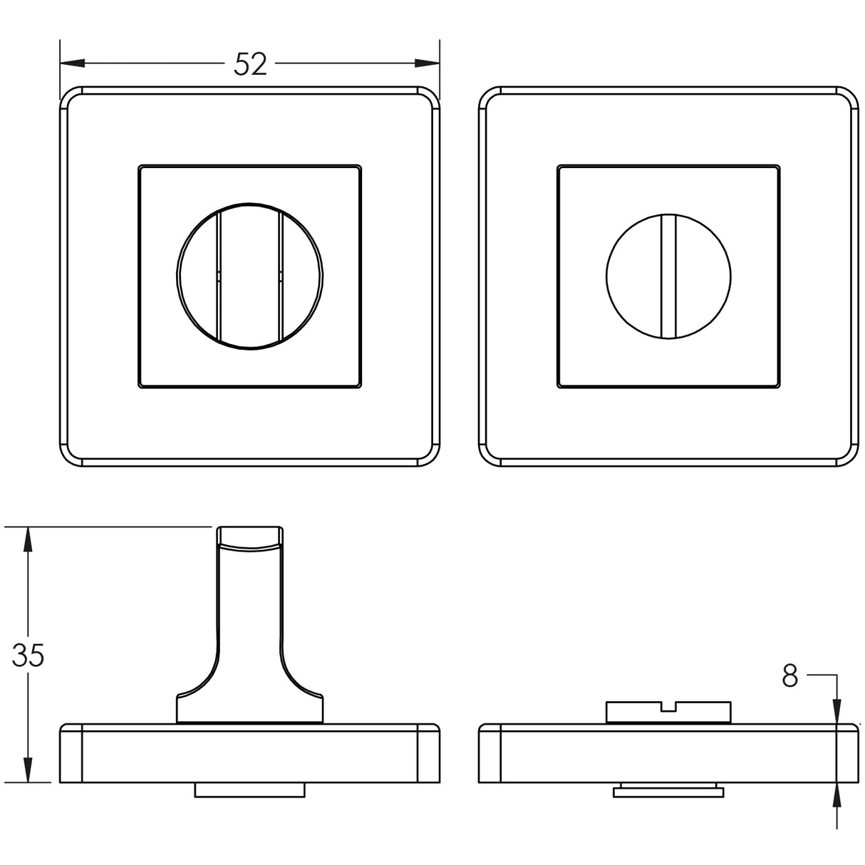 Technical drawing of of Frelan - JSS54 Satin Stainless Steel Square Turn & Release Sku. JSS54
