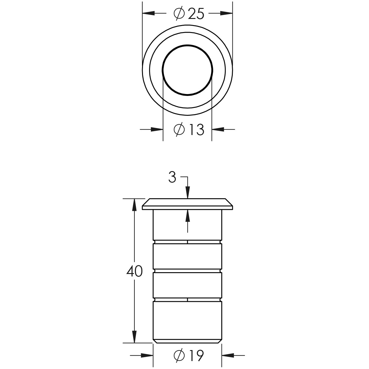Technical drawing of of Frelan - Stainless Steel Dust Proof Spring Floor Bolt Socket for Concrete 20x25mm Satin Stainless Steel Sku. JSS5642