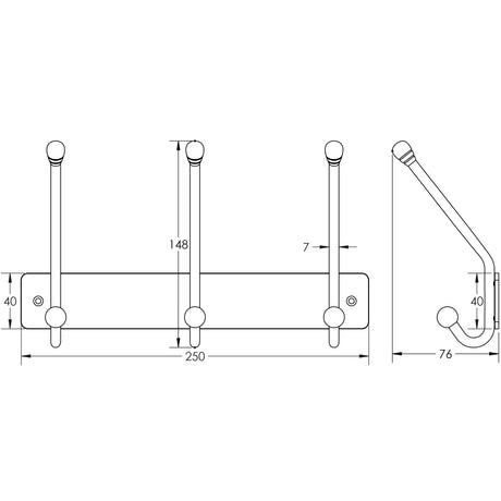 High quality image of Frelan - 3 Hook 250x40mm Grade 304 - Satin Stainless Steel | Sku. fh-jss800 | Trade Door Handles.
