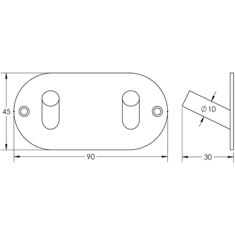 Technical drawing of of Frelan - Double Robe Hook 90x45mm Satin Stainless Steel Sku. JSS902C