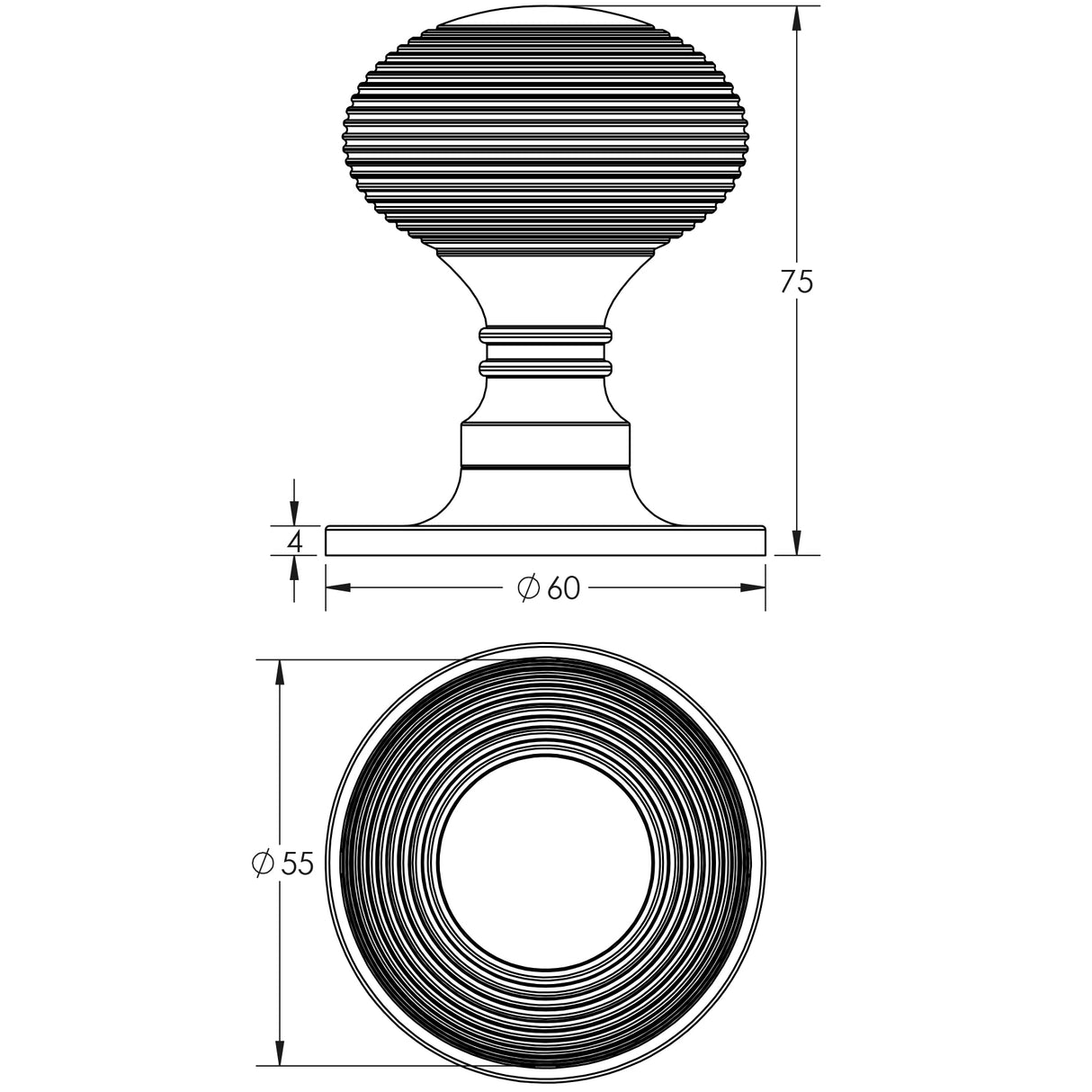Technical drawing of of Frelan - Jedo Reeded Mortice Door Knobs 53mm Polished Chrome Sku. JR6MPC