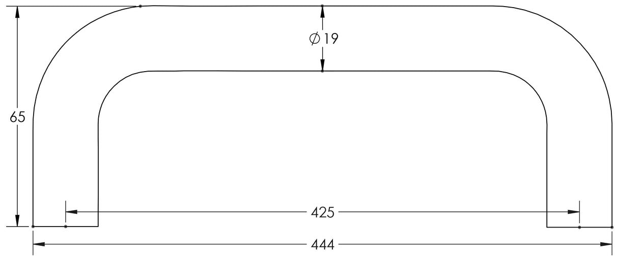 Technical drawing of of Frelan - Stainless Steel 19mm D Shape Pull Handles Grade 304 B/T Fixing 425x19mm Satin Stainless Steel Sku. JSS119D