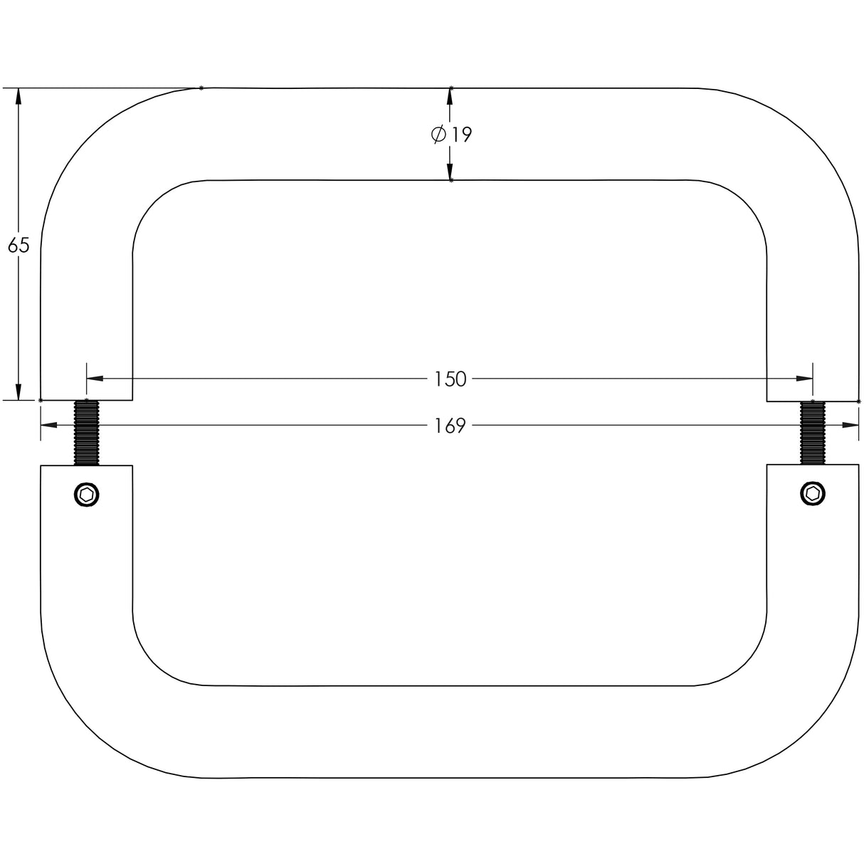 Technical drawing of of Frelan - Stainless Steel 19mm D Shape Pull Handles B2B Fixing 150x19mm Satin Stainless Steel Sku. JSS120A