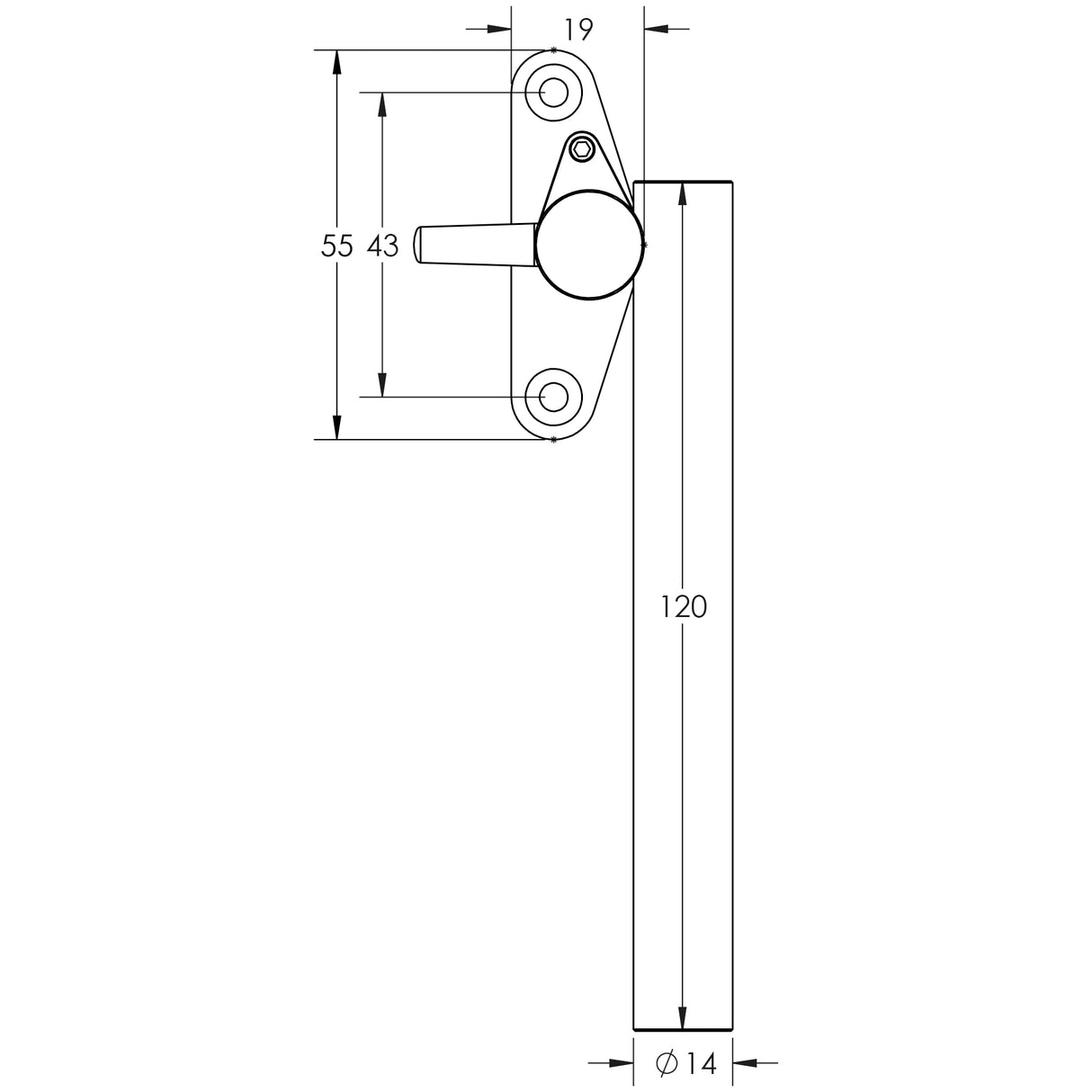 Technical drawing of of Frelan - Stainless Steel Casement Fasteners 120mm Satin Stainless Steel Sku. JSS1234L