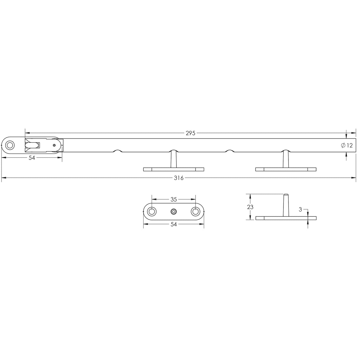 Technical drawing of of Frelan - Casement Stay 260mm Satin Stainless Steel Sku. JSS1237