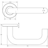 Technical drawing of of Frelan - Orbit 19mm Door Handle on 8mm Sprung Rose Grade 304 Satin Stainless Steel Sku. JSS13