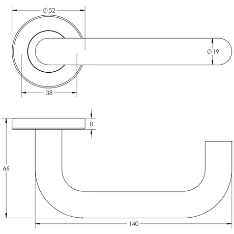 Technical drawing of of Frelan - Orbit 19mm Door Handle on 8mm Sprung Rose Grade 304 Satin Stainless Steel Sku. JSS13