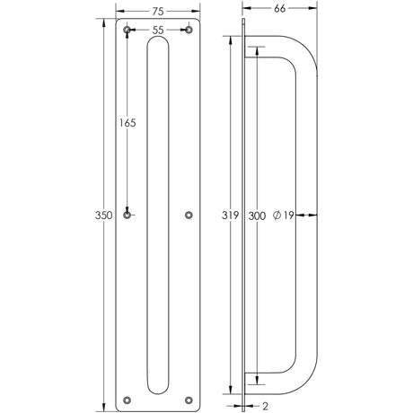 Technical drawing of of Frelan - Stainless Steel Pull Handles w/ Plate 300x19mm Satin Stainless Steel Sku. JSS1602